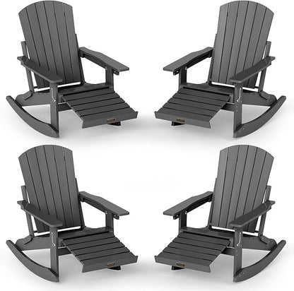 Adirondack Rocking Chair with Retractable Ottoman Set of 4, 4-in-1 Foldable Reclining Patio Chair, HDPE Wood-Look Outdoor Rocker for Porch, Garden & Poolside, Grey