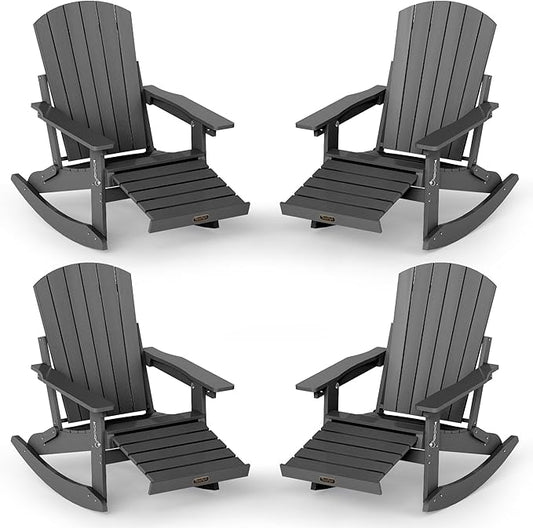 Adirondack Rocking Chair with Retractable Ottoman Set of 4, 4-in-1 Foldable Reclining Patio Chair, HDPE Wood-Look Outdoor Rocker for Porch, Garden & Poolside, Grey