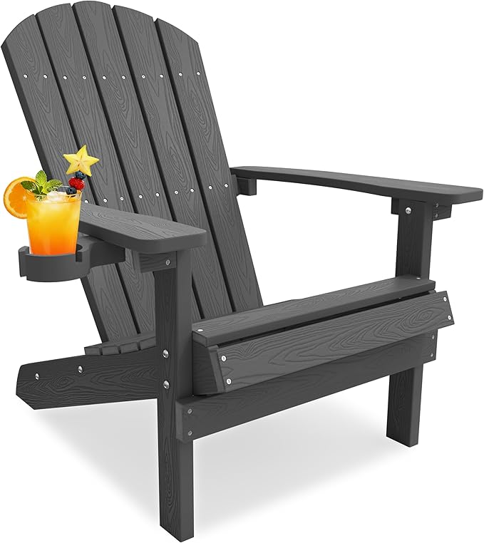 YEFU Adirondack Chair for Outdoor Patio: Zero Gravity Fire Pit Chair Plastic with Cup Holder & Wood Texture - Sturdy All-Weather HIPS for Backyard Poolside Lawn - Easy Assembly(Dark Grey)