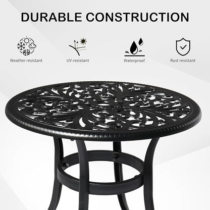 Cast Aluminum Round Table with 2 inch Umbrella Hole, Outdoor Patio End Side Table, Cocktail Coffee Bistro Table Weather Resistance, Adjustable Foot Pads for Garden, Porch, Balcony Black