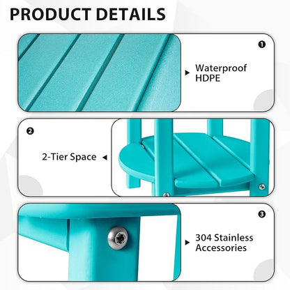 Sundale Outdoor 18" Round Small Side Table, Patio Adirondack End Table, 2 Tier Outside Table for Pool, Garden, Beach, Turquoise