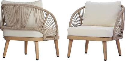 Christopher Knight Home Lydia Set of 2 Boho Patio Furniture Acacia Wood Club Chairs, Outdoor Lounge Chairs, Modern Tub Accent Chairs/Arm Chairs with Rope Woven and Removable Cushions, Natural+Beige