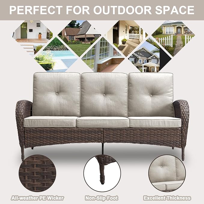 Belord Patio Rocking Chairs Furniture Set of 6, Outdoor Wicker Furniture Sets with Wicker Rocker, Small Patio Conversation Sets with Outdoor Couch Ottomans Brown/Beige