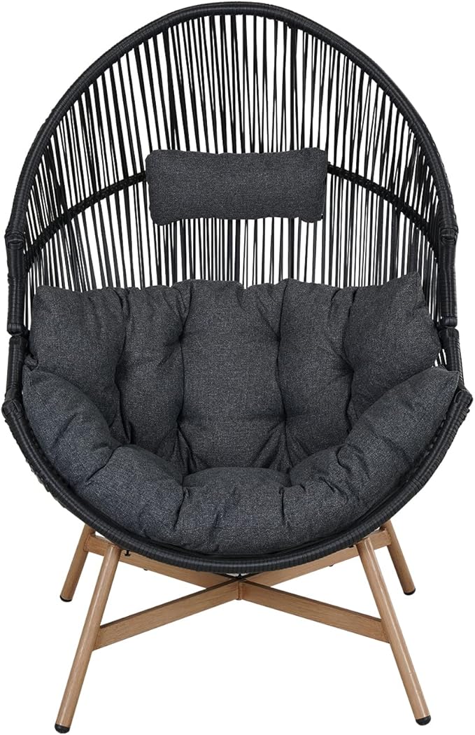 Grand patio Outdoor & Indoor Egg Chair 2PC, PE Wicker Open Weave Wood Grain Finish Oversized Egg Cocoon Chairs with Stand Lounge Chair Comfortable for Front Porch, Living Room, Bedroom (Dark Grey 2PC)