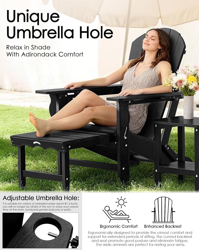 Folding Adirondack Chair with Ottoman, Recyclable HDPE Adirondack Patio Chair with 2 Cup Holder, Outdoor Fire Pit Chairs with Pull Out Footrest, Weather Resistant for Garden, Deck, Poolside,Black
