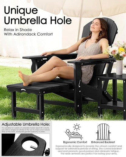 Folding Adirondack Chair with Ottoman, Recyclable HDPE Adirondack Patio Chair with 2 Cup Holder, Outdoor Fire Pit Chairs with Pull Out Footrest, Weather Resistant for Garden, Deck, Poolside,Black