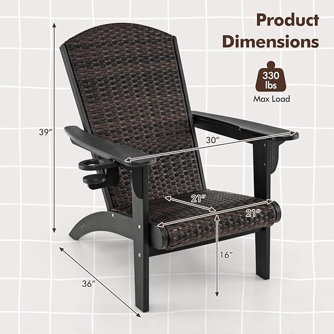 Tangkula Patio Wicker Adirondack Chair, HDPE Lounge Chair w/Rattan Padded Seat & Back, Wide Armrests & Hidden Cupholder, Outdoor All-Weather Adirondack Fire Pit Chair for Backyard, Lawn (1, Black)