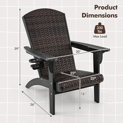 Tangkula Patio Wicker Adirondack Chair, HDPE Lounge Chair w/Rattan Padded Seat & Back, Wide Armrests & Hidden Cupholder, Outdoor All-Weather Adirondack Fire Pit Chair for Backyard, Lawn (1, Black)