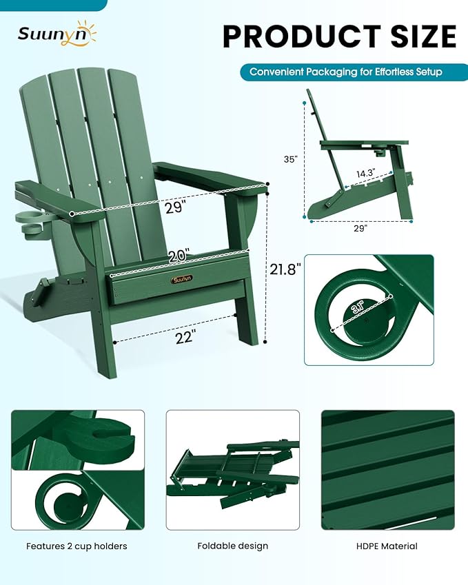Folding Adirondack Chair 6 Pack, HDPE All-Weather Fire Pit Chairs, Plastic Adirondack Chairs with 2 Cup Holder - Photo 2