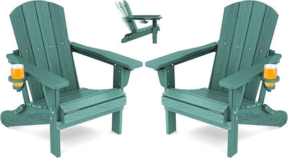 SERWALL Folding Adirondack Chair Set of 2, Adjustable Adirondack Chair with 3 Recline Positions, All Weather HDPE Outdoor Adirondack with Cup Holders, Light Green