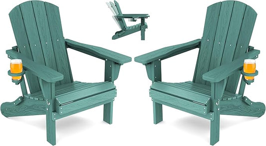 SERWALL Folding Adirondack Chair Set of 2, Adjustable Adirondack Chair with 3 Recline Positions, All Weather HDPE Outdoor Adirondack with Cup Holders, Light Green