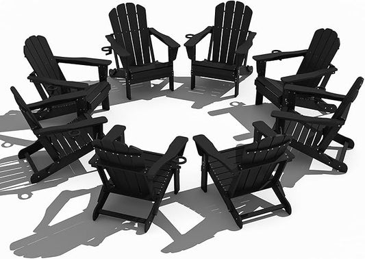 Domi Folding Adirondack Chair Set of 8, HDPE All-Weather Adirondack Chairs with Cup Holder, Outdoor Plastic Fire Pit Chairs Wood Texture for Poolside, Patio, Backyard, Deck (Black)