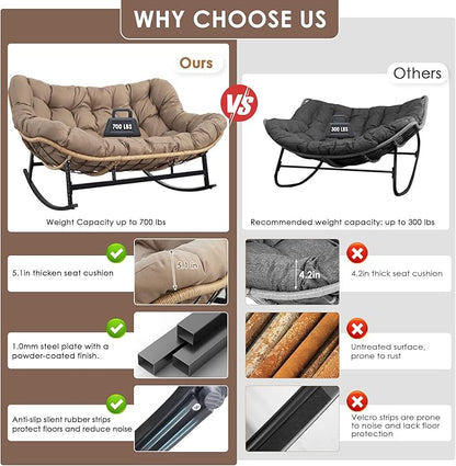 RADIATA Double Rocking Chair, Oversized Egg Rocking Chairs for 2 Person, Large Wide Papasan Loveseat with Cushion and Frame, Comfort Outdoor Furniture for Reading/Relaxing Patio Garden Backyard Brown