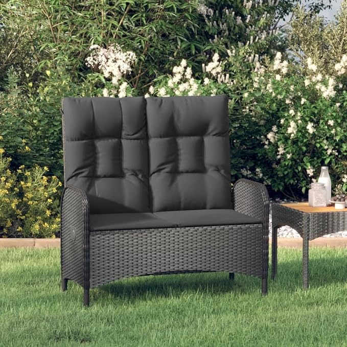 Garden Bench Deck Bench Reclining Patio Bench with Cushions 42.1" Poly Rattan Black - Photo 1