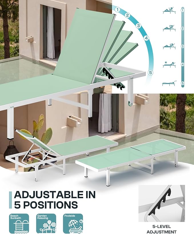 Lounge Chair Outdoor with Wheels, Aluminum Patio Chaise Lounge Chair with 5 Adjustable Backrest - Easy to Move- Pool Lounge Chairs for Deck, Beach, Poolside (LightGreen)