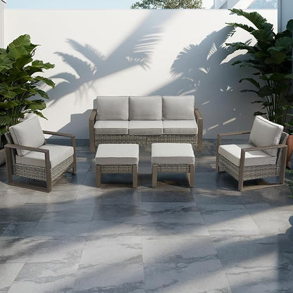 Rilyson Outdoor Wicker Patio Furniture Set - 5 Piece Patio Conversation Set with 2 Wicker Armrest Chairs,2 Rattan Ottoman and 1 Couch,Sturdy Frame,Thick Cushions,Deep Seating(Mixed Grey/Grey)