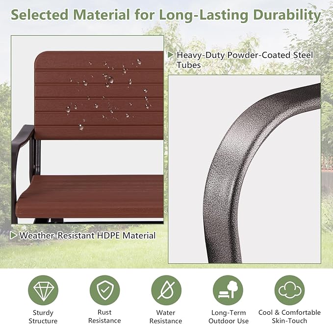 HAPPYGRILL Outdoor Swing Glider Bench, Patio Loveseat Chair with Steel Frame, Rocking Bench for Porch Deck Poolside Garden, (Brown)