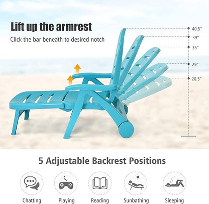 COSTWAY 2PCS Folding Chaise Lounge with Wheels, 5-Position Adjustable Recliner for Sunbathing, Seaside (Turquoise)