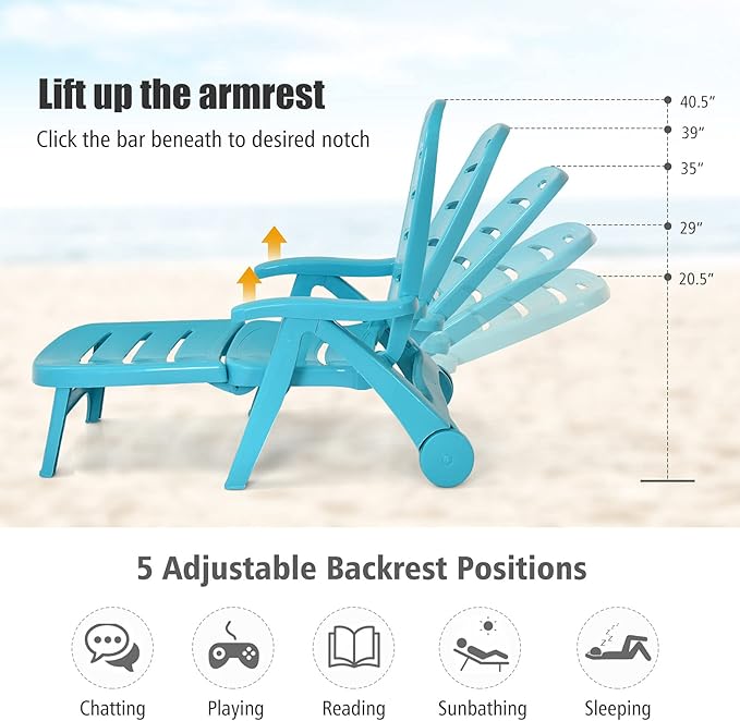 COSTWAY Folding Chaise Lounge with Wheels, 5-Position Adjustable Recliner for Sunbathing, Seaside (Turquoise)