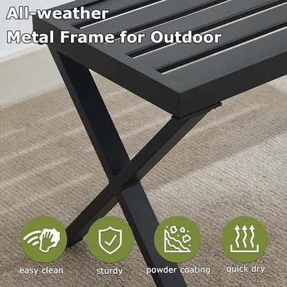 Outdoor Metal Backless Bench Set of 2, Weatherproof Patio Bench with Slatted Seat, X-Shaped Legs, All-Weather Garden Bench for Porch, Patio, Lawn and Backyard, Black