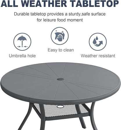 VICLLAX Round Patio Dining Table, 4 Person Aluminum Outdoor Dining Table with Umbrella Hole and Storage Shelf for Garden Lawn Deck, 40.6" Dark Grey