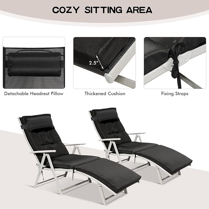 Giantex Chaise Lounge Chair for Outside, Pool Folding Reclining Beach Chair W/Removable Cushion&Headrest Pillow, Outdoor Lounge Chaise w/ 7 Backrest Positions, Portable Patio Lounger (2, Black)