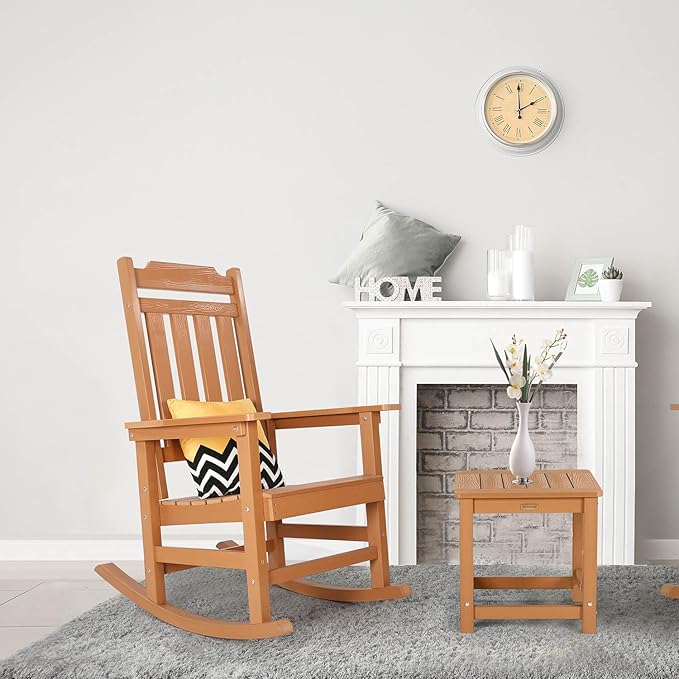 Rocking Chair, All Weather Resistant Poly Lumber Outdoor Porch Rocker, Rocking Chairs for Outdoor, Indoor, Patio, Deck, Garden, Backyard, Load Bearing 380 lbs - Teak