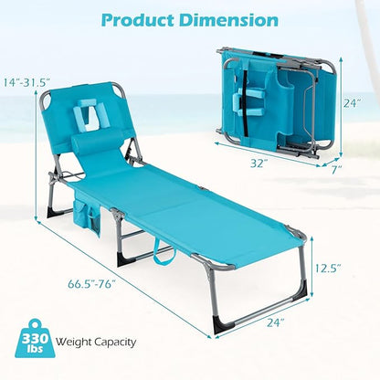 Goplus Tanning Chair, Folding Adjustable Patio Lounge Chair with Face Hole, Removable Pillow, 330LBS, Carry Strap, Outdoor Sunbathing Chair, Lightweight Portable Beach Lounge Chair, No Assembly