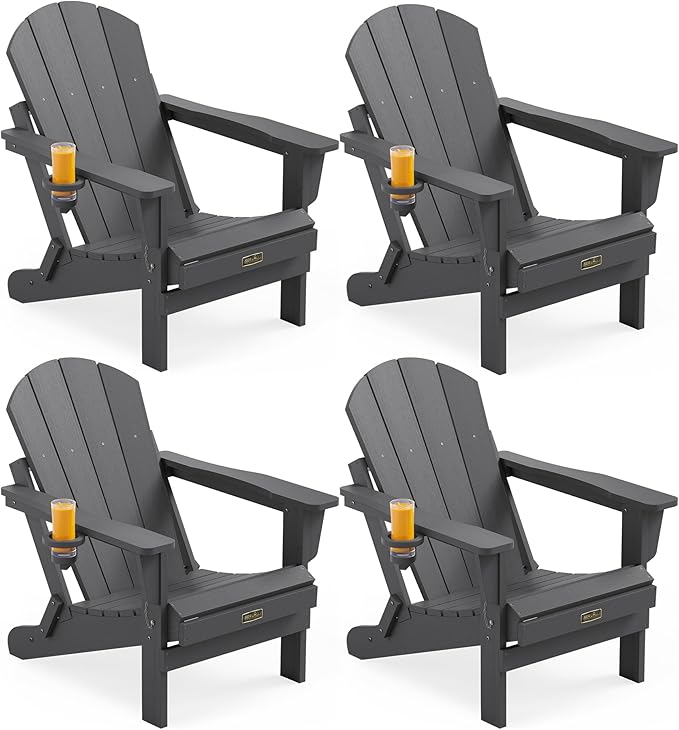 SERWALL Folding Adirondack Chair with Cup Holder Set of 4, Weather Resistant HIPS Patio Chairs, Wooden Textured, Fire Pit Chairs for Garden Outdoors Fire Pit - Gray