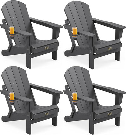 SERWALL Folding Adirondack Chair with Cup Holder Set of 4, Weather Resistant HIPS Patio Chairs, Wooden Textured, Fire Pit Chairs for Garden Outdoors Fire Pit - Gray