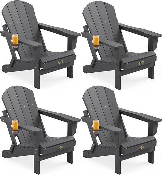 SERWALL Folding Adirondack Chair with Cup Holder Set of 4, Weather Resistant HIPS Patio Chairs, Wooden Textured, Fire Pit Chairs for Garden Outdoors Fire Pit - Gray