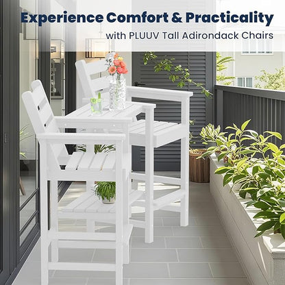 PLUUV Tall Adirondack Chairs Set of 2, All Weather HDPE Poly Bar Height Balcony Adirondack Chair with Removable Double Connecting Trays, Outdoor Adirondack Barstools for Deck, Patio, Yard, Pool, Lawn