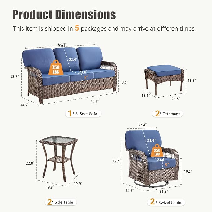 7 Pieces Outdoor Furniture Set Swivel Chairs, All Weather Wicker 3 Seater Sofa with Ottomans Rattan Side Table - Photo 2
