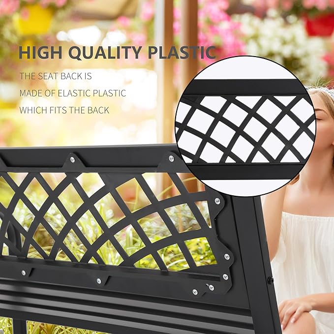 PayLessHere Garden Bench Outdoor Metal Park Benches Cast-Iron Patio Bench with Mesh Pattern Plastic Backrest Armrests for Patio Park Lawn Yard,Black