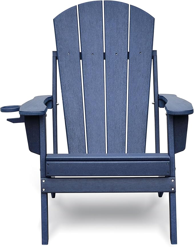 Outdoor Furniture 3 Piece Folding Adirondack Chairs Set of 2 and Patio Table,Plastic Patio Firepit Chair with Cup Holder& High Backrest, Adirondack Chair for Outdoor, Patio, Garden, Beach(Navy Blue-3)