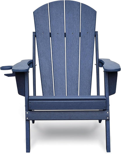 Outdoor Furniture 3 Piece Folding Adirondack Chairs Set of 2 and Patio Table,Plastic Patio Firepit Chair with Cup Holder& High Backrest, Adirondack Chair for Outdoor, Patio, Garden, Beach(Navy Blue-3)