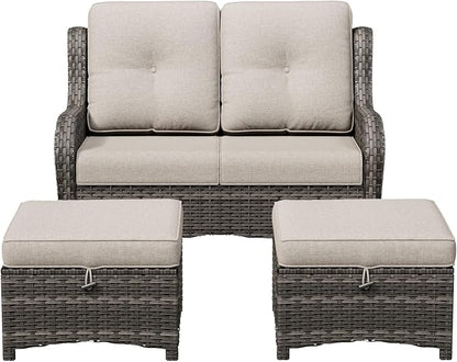 3-Piece Outdoor Couch Set, 1 Wicker Patio Loveseat with Thickened Olefin Cushions, High Back and Deep Seating, Hand-Woven PE Rattan and 2 Ottomans, Patio Conversation Set for Porch, Deck