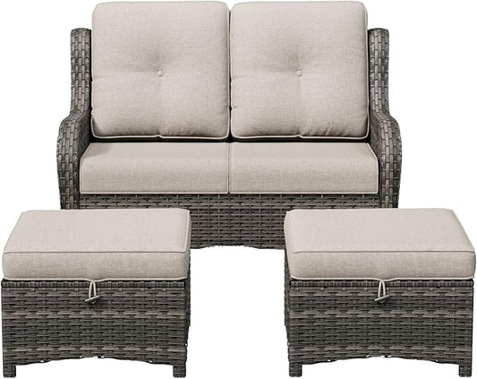 3-Piece Outdoor Couch Set, 1 Wicker Patio Loveseat with Thickened Olefin Cushions, High Back and Deep Seating, Hand-Woven PE Rattan and 2 Ottomans, Patio Conversation Set for Porch, Deck