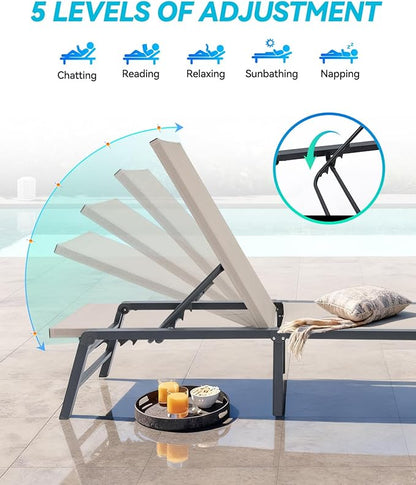 Aluminum Chaise Lounge Outdoor, Foldable & Assemble-Free Lounge Chair Outdoor Set of 2, Lounge Chair with 5 Adjustable Backrest, Patio Lounge Chair for Outside, Poolside, Beach, Pool, Blue