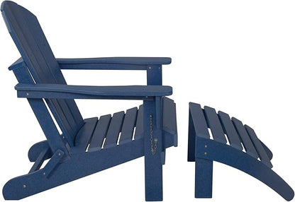 WestinTrends Malibu Outdoor Lounge Chair, 2-Pieces Adirondack Chair Set with Ottoman, All Weather Poly Lumber Patio Lawn Folding Chairs for Outside Pool Garden Backyard Beach, Navy Blue