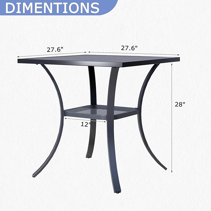 27.6" Square Outdoor Patio Table, All-Weather Metal Patio Table with Storage Shelf,Outdoor Dining Table for Lawn Garden Porch, Black