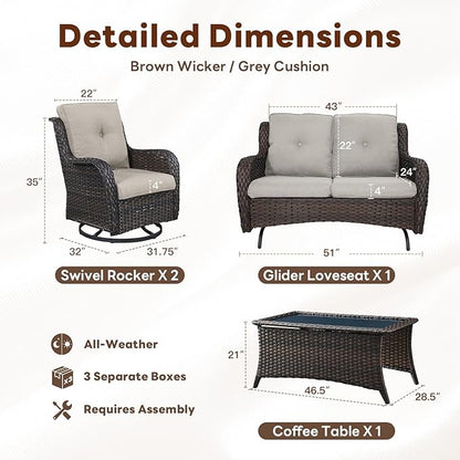 Belord 4 Piece Patio Wicker Furniture Set, Outdoor Swivel Rocker Chairs, All Weather Outdoor Patio Loveseat with Cushion and Coffee Table for Deck Porch, Brown Wicker/Gray