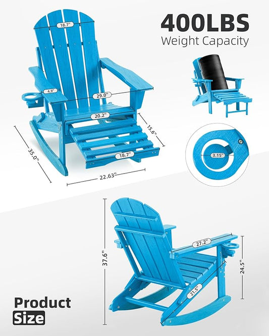 Folding Adirondack Rocking Chair Set of 4,4-in-1 Multifunctional Patio Chairs with Retractable Ottoman, Outdoor Chairs Wood Texture, Lawn Chair for Porch, Backyard, Pool(Pacific Blue)