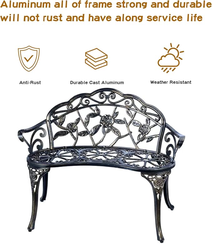 JARDIN DE CENTENNIAL Patio Garden Bench Metal Park Bench Cast Aluminum Outdoor Furniture with Floral Rose for Patio - Photo 4