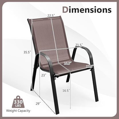 COSTWAY Patio Dining Chairs Set of 4, Stackable Outdoor Chairs with Armrest and High Back, Breathable Fabric & Metal Frame Chair for Garden Poolside Backyard Deck (Brown)