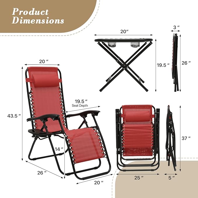 Athena Collection Zero Gravity Outdoor Lounge Chair Set of 2 with Side Table, 25" Width Pool Lounge Lawn Chairs Reclining with Cup Holder, Outdoor Chaise for Beach Patio Backyard Outside, Dark Red