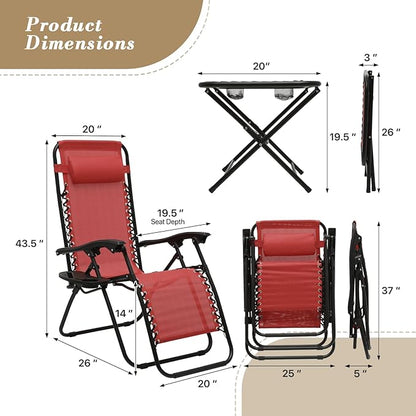 Athena Collection Zero Gravity Outdoor Lounge Chair Set of 2 with Side Table, 25" Width Pool Lounge Lawn Chairs Reclining with Cup Holder, Outdoor Chaise for Beach Patio Backyard Outside, Dark Red