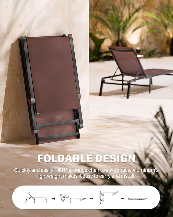 Aluminum Chaise Foldable Patio Lounge Chair Outdoor, Metal Deck Lounger Adjustable 5-Position Recliner Pool Chase Breathable Full Flat Outside Sun Tanning Chairs for Beach/Poolside/Lawn(Brown, 1 Pack)