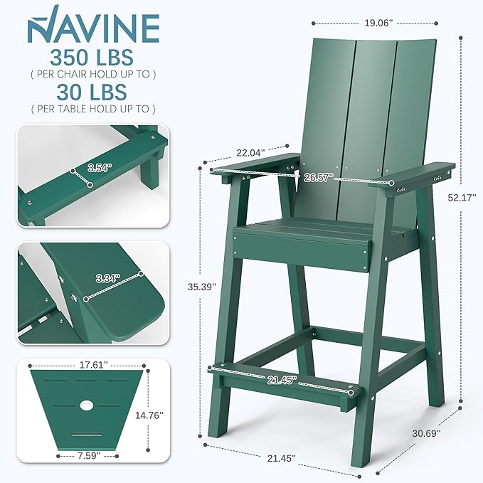 Tall Adirondack Chair Set of 2, HDPE Balcony Chairs with Connecting Tray, Two Cup Holders, All-Weather Adirondack Bar Stools for Patio, Balcony, Backyard, Poolside, Dark Green
