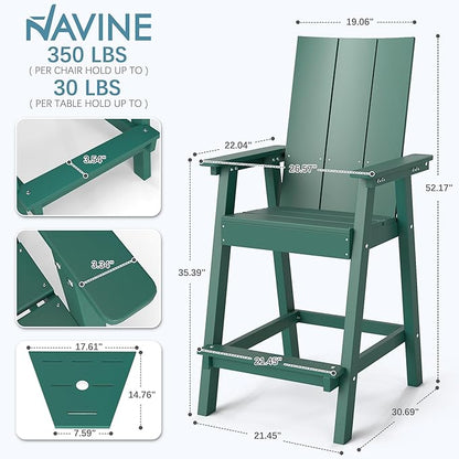 Tall Adirondack Chair Set of 2, HDPE Balcony Chairs with Connecting Tray, Two Cup Holders, All-Weather Adirondack Bar Stools for Patio, Balcony, Backyard, Poolside, Dark Green